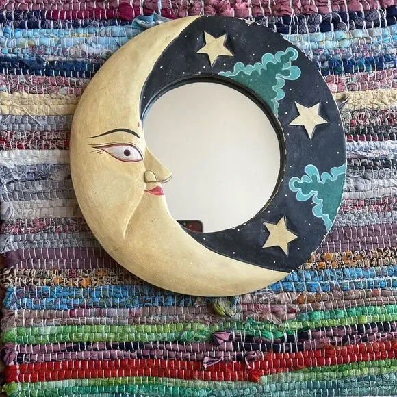 Vintage 90s 11.5" Handcarved Celestial Moon Stars Wall Mirror Indonesia Whimsy - Picture 8 of 16